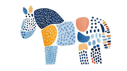 Christmas Horse in Blue and Red – Watercolor Illustration of Scandinavian Folk Art Style Xmas Decoration