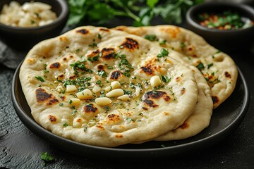 Delicious Garlic Naan Artfully Presented on a Sleek Black Plate with Fresh Herbs and Garlic, Set Against a Dark Grey Stone Table for an Elegant and Sophisticated Dining Experience &ndash; Professional Food 