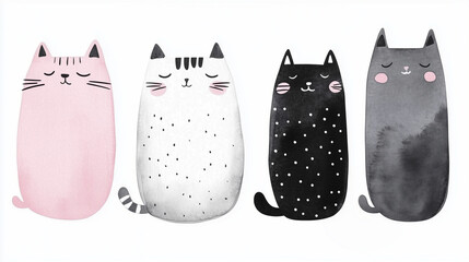 Set of Cute Cat.  Illustration of kitten character isolated on white in watercolor scandal style. Dreamy Cats Banner.