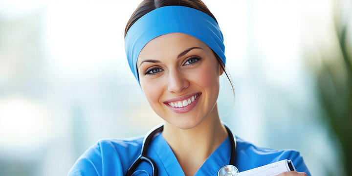 Young smiling nurse writes history in planner on blurred background of polyclinic with copy space, banner template