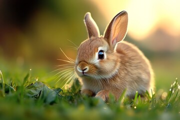 Fototapeta premium Rabbit hopping through a misty morning field, dew clinging to its fur as it begins its day with quiet exploration