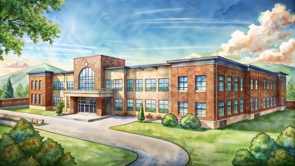 Watercolor Illustration of a School Building in a Scenic Setting with Blue Sky and Greenery