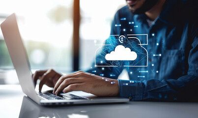 Businessman Working on Cloud Data Transfer, Software Installation on Laptop - Computing, File Backup, Cyber Security Concept