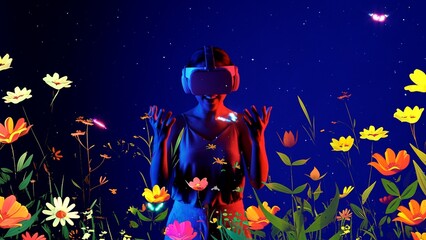 Beautiful Asian woman with VR metaverse interacting with virtual neon flowers playing to blow butterfly new neon blossom on blue background 3D pollen graphic floating meta garden world. Hallucination.