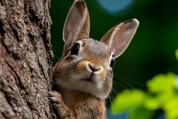 Rabbit peeking out from behind a tree, cautious and shy as it watches the world from a safe distance