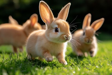 Fototapeta premium Rabbit playing with its littermates, tumbling through the grass in a playful game of tag under the warm sun