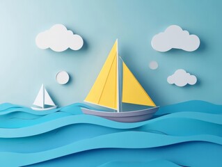 Paper art of sailboats on the ocean under a blue sky with clouds. Origami-style nautical scene depicting tranquility and adventure.