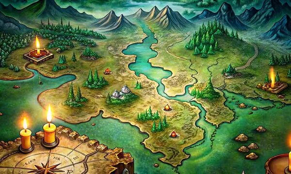 Fantasy Map of an Enchanted Land Illuminated by Candlelight