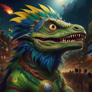 Imagem realista de um drag&atilde;o monstro dinossauro em uma floresta cidade com pessoas e fogo