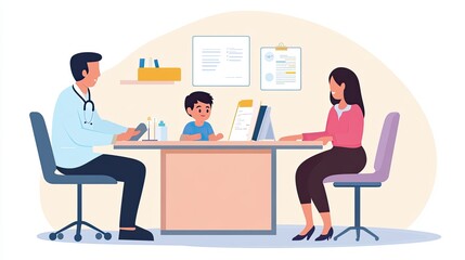 Fototapeta premium Parents Consult Doctor at Office to Discuss Children's Health and Care Strategies