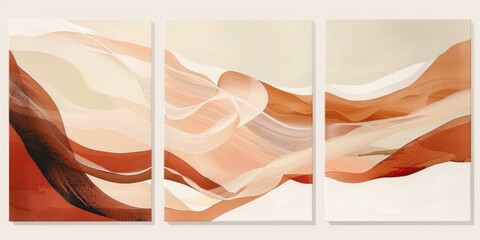 Botanical Elements and Flowing Lines Triptych. AI generated illustration.