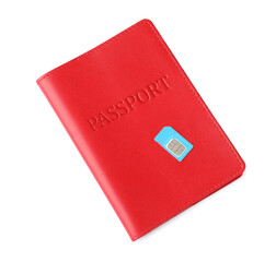 Passport and SIM card isolated on white, top view