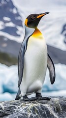 Obraz premium Majestic Regal Penguin on Rugged Ice Reflecting Sunlight in a Stunning Icy Landscape