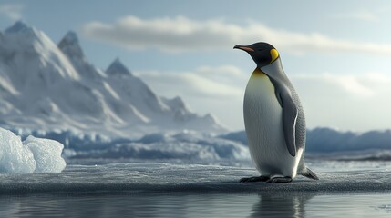 Fototapeta premium Regal Penguin Stands on Rugged Ice Under Sunlight, Reflecting a Majestic View in Antarctica