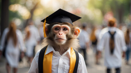 Monkey Wearing Graduation Cap and White Shirt.