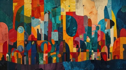 Fototapeta premium Colorful abstract design with geometric shapes and vibrant hues, for a modern interior.