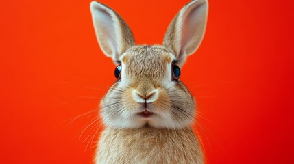 Obraz premium Rabbit facing camera on orange background, studio