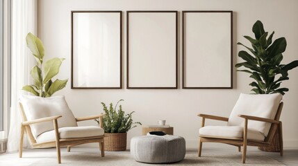 Fototapeta premium Minimalist Living Room Interior with Two Armchairs and Plants