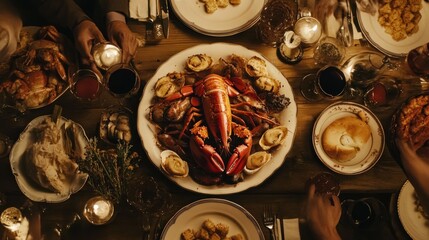 Overhead View of a Table Set with Lobster and Other Seafood Dishes