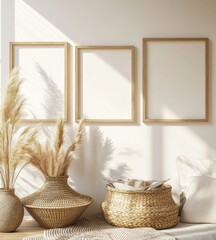Minimalist Interior Design with Wooden Frames and Wicker Baskets