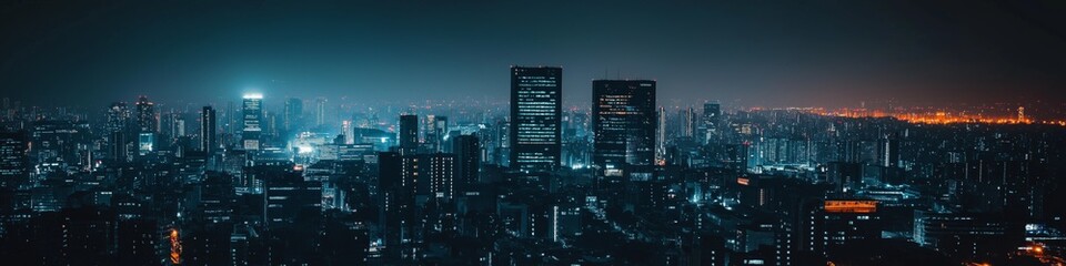 A city skyline at night with the lights of the buildings shining brightly. The city is bustling with activity and energy