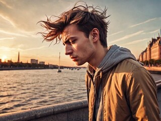 Fototapeta premium Random photo effect of young upset man in the wind at sunset on the embankment. Travel
