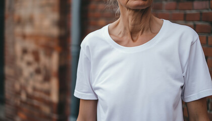 mockup of an older woman, wearing a white t-shirt, on a city street
