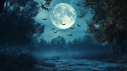 Naklejka premium A full moon illuminating a creepy forest clearing with bats flying overhead