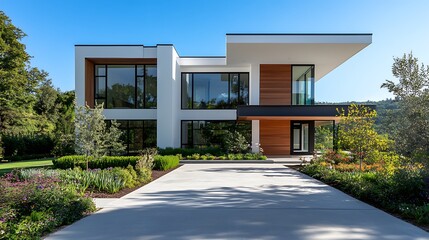 Elegant two-story modern house featuring large windows and three wide doors, creating an open concept layout with wooden accents.