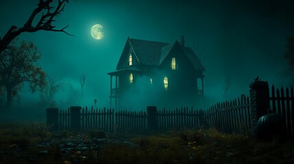 A spooky haunted house with eerie lighting, perfect for a Halloween-themed backdrop selective focus, ghostly atmosphere realistic, vibrant Overlay Haunted house backdrop