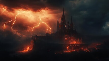 Fototapeta premium A vampire's castle with towering spires and a lightning-filled sky, ideal for a Halloween backdrop selective focus, dark majesty realistic, vibrant Overlay Castle backdrop