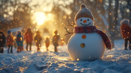 Obraz premium Cheerful Snowman with a Knitted Hat and Scarf Enjoying a Winter Day as Children Play in the Background, Illuminated by a Golden Sunset in a Snow-Covered Park