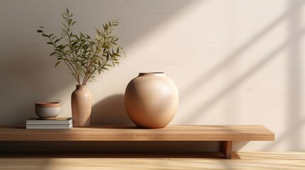 3D render mock up of a blank wooden side table with a decoration leaves plants in a vase and books in a brownish gray living room with morning sunlight.