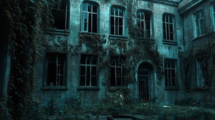 Fototapeta premium A creepy abandoned asylum with broken windows and overgrown vines, designed for a Halloween backdrop close up, sinister mood realistic, dynamic Composite Asylum backdrop