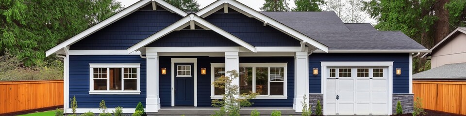 Naklejka premium A blue house with white trim and a white garage door. The house is surrounded by a wooden fence