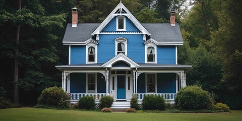 A blue house with white trim sits in a lush green yard. The house has a porch and a large window
