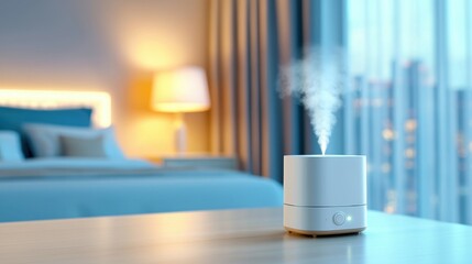 Modern Compact Portable Humidifier in Augmented Reality with Mist Levels, Run Time, and Water Capacity Details in Cozy Bedroom Setting