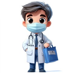A cartoon male doctor wearing a medical mask and holding a blue bag
