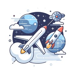 Naklejka premium Aerospace Engineering, flat illustration vector image of an airplane, rocket, and orbiting satellite, placed on a solid white background for graphics resources, engineering educational category