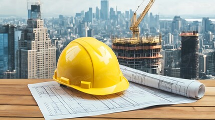 Yellow hard hat and construction blueprints on a wooden table with cranes and a city skyline in the background.