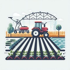 Fototapeta premium Agricultural Engineering, A flat illustration vector image of a tractor, crops, and irrigation system, placed on a solid white background. for graphics resources, engineering educational category