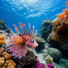 25. Beautiful underwater landscape with lionfish and vibrant corals, creating a unique and exotic scene