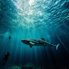 Obraz premium 27. Unique underwater view with a whale shark swimming gracefully, creating an exotic and beautiful scene