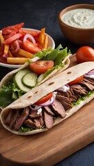 Doner kebab with grilled chicken meat and vegetables in pita bread