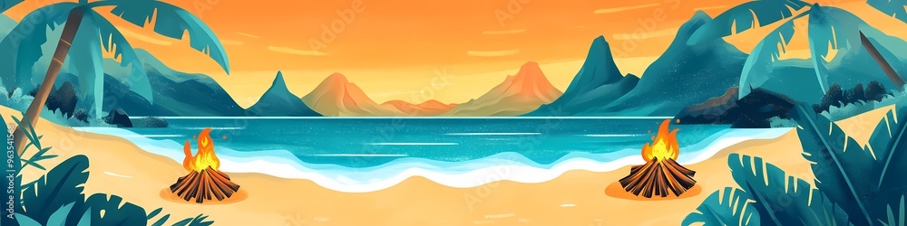 Wall mural tropical beach sunset with campfire and mountains illustration