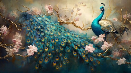 Abstract artistic background. Vintage illustration, floral plants, branches, peacocks, gold. 3D, textured background. painting. modern Art. wallpapers, posters, cards, murals, prints,