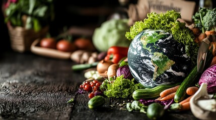 Colorful vegetables arranged artistically with a globe, symbolizing sustainable agriculture and planet health.