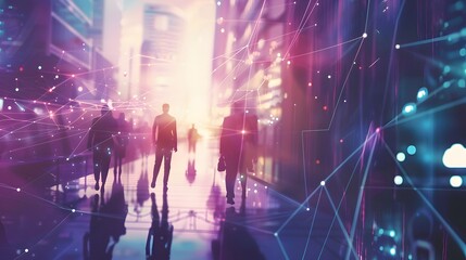Silhouettes of People Walking Through a Cityscape with Network Connections