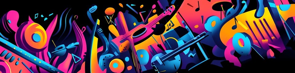 Abstract Music Illustration with Neon Colors and  D Shapes