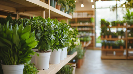 Flower Shop Interior: Supermarket Retail Space Featuring a Selection of Green Garden Plants, Great for Spring and Summer Floral Arrangements. photo